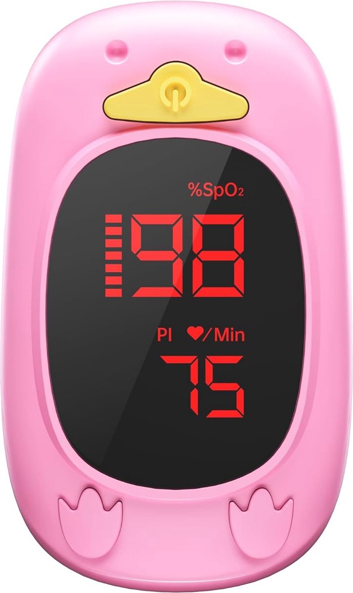 Kinderpulsoximeter voor kinderen – Zuurstofsaturatiemeter met schattig design, ideaal voor SpO2 en hartslagmeting, geschikt voor volwassenen en baby's vanaf 2 jaar