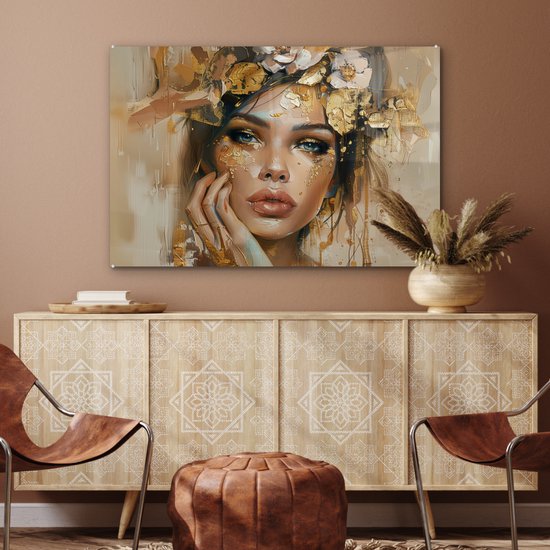 MuchoWow® Peinture sur verre 120x80 cm - Peinture sur verre acrylique - Femme - Fleurs - Or - Portrait - Photo sur verre - Décoration murale salon - Décoration murale chambre - Peintures