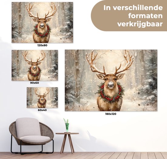 Affiche de jardin 120x80 cm - Décoration de jardin Noël - Renne - Hiver - Couronne - Affiche pour le jardin - Décoration extérieure - Tableau de jardin clôture - Décoration murale sur toile de jardin - Décoration murale sur toile de balcon