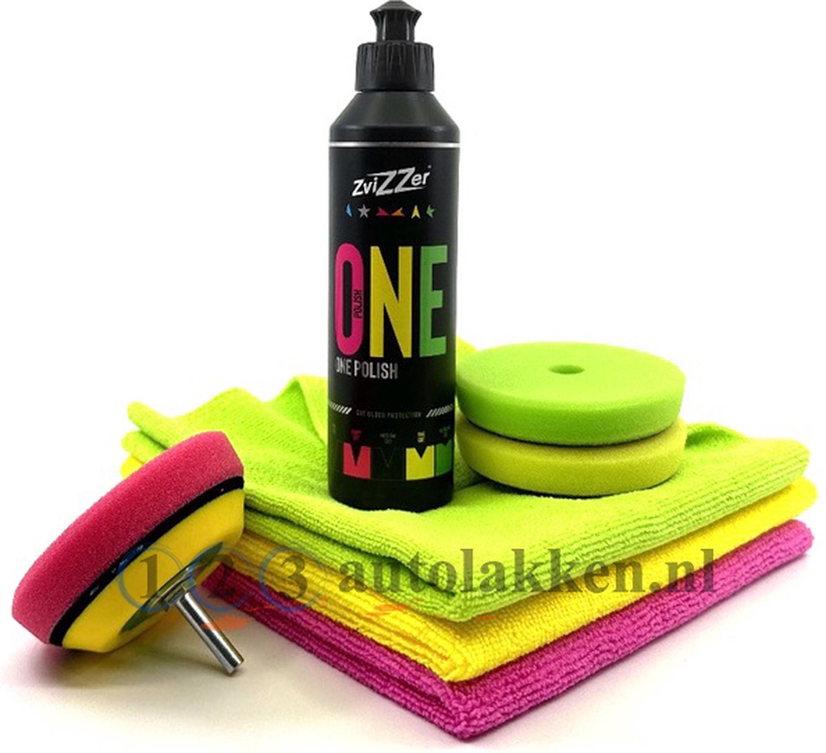 Zvizzer - Polijstpasta One Step- Velcro steunschijf met adaptor boormachine- poetspad Hard Rood, Medium Geel, zacht groen 90x20x76 - 3xmicrovezeldoek