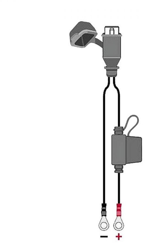 Schematische weergave van een acculaderkabel met rode en zwarte aansluitingen.