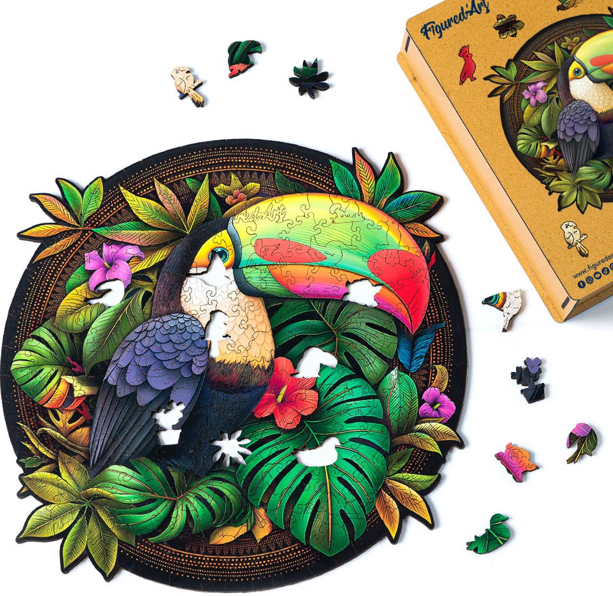 Figured'Art Houten Puzzel 200 Stukjes Volwassenen en Kinderen - Dieren - Tropische Toekan - Uniek Design 28,5x28,5 cm met Premium Houten Doos, Perfect als Cadeau