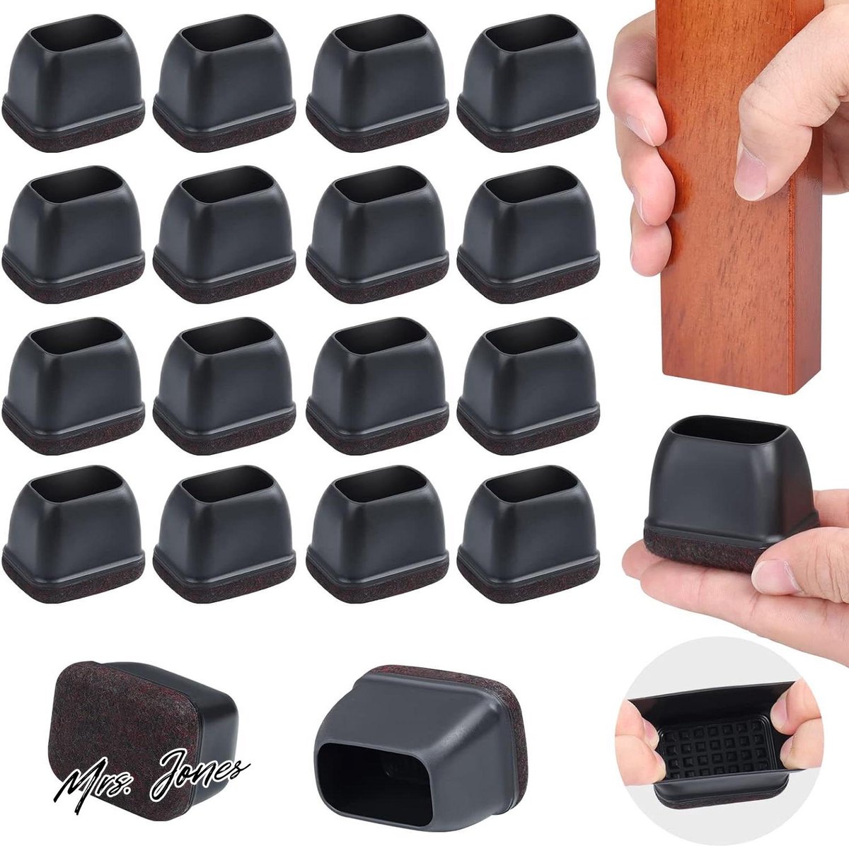 Mrs. Jones 16 stuks vloerbeschermers voor stoelpoten - vierkante stoelpootdoppen met vilten pads - voorkomt krassen en lawaai - geschikt voor B 22-30 mm L 32-42 mm .