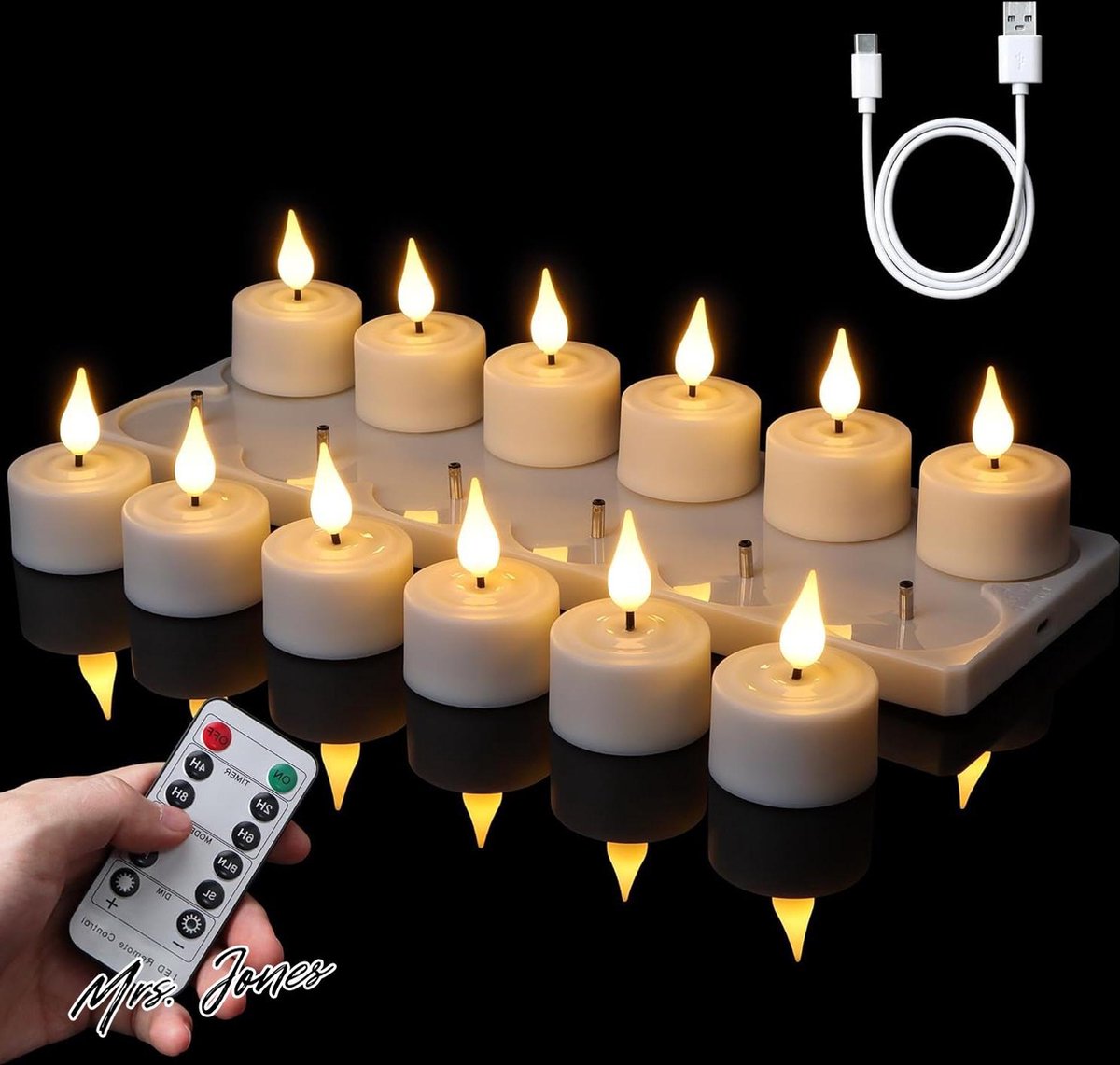 Mrs. Jones Oplaadbare LED-theelichtjes met Afstandsbediening en Timer - Elektrische Kaarsen Flikkeren Warm Wit Dimbaar met USB-kabel 4 x 55 cm (diameter x hoogte) . multi color