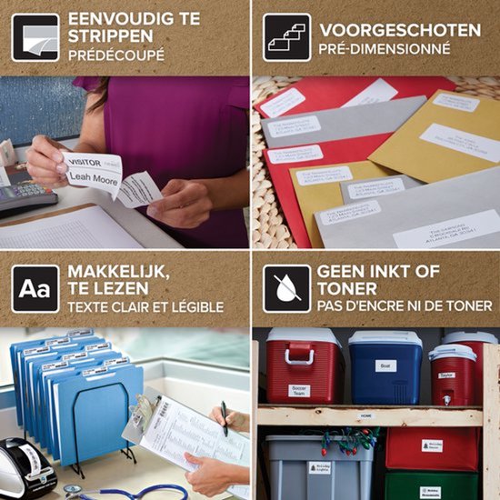 Vier afbeeldingen die DYMO labels laten zien: makkelijk te strippen, voorgedimensionneerd, makkelijk te lezen, geen inkt of toner.