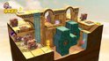 Desert level met gouden gebouwen, blauwe ladders en bruine Goomba-achtige wezens.