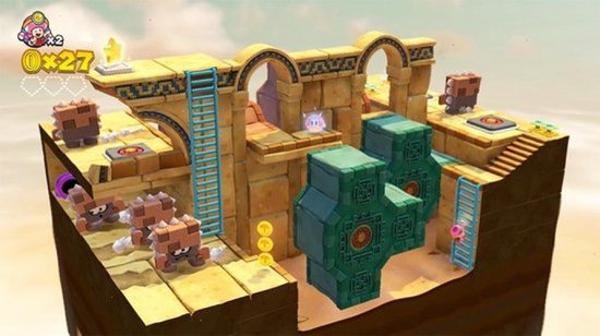 Desert level met gouden gebouwen, blauwe ladders en bruine Goomba-achtige wezens.