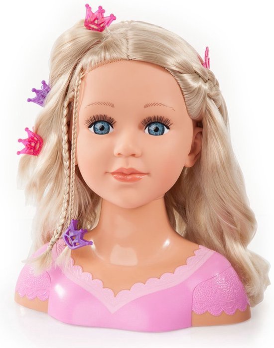 Blond kaphoofd met blauwe ogen, vlechten, krullen en versieringen zoals paarse en roze kroontjes.
