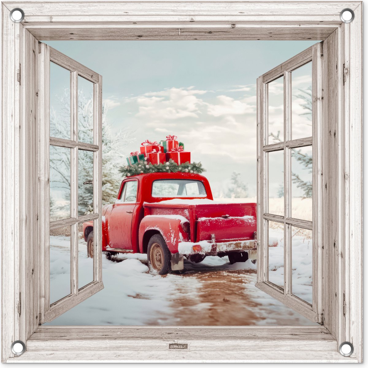 Tuinposter 50x50 cm - Tuindecoratie Auto - Rood - Cadeaus - Winter - Kerst - Doorkijk - Wit - Poster voor in de tuin - Buiten decoratie - Schutting tuinschilderij - Tuindoek muurdecoratie - Wanddecoratie balkondoek