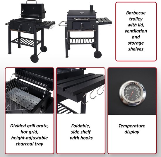 Barbecuetrolley MCW-K93, houtskool barbecue staander BBQ tuinbarbecue met deksel planken, staal, 110x100x51cm zwart van MCW — afbeelding 4