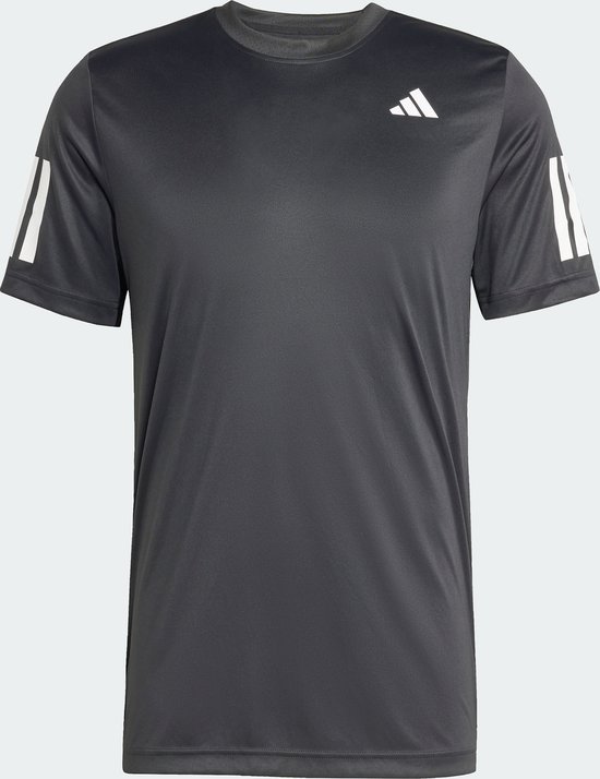 Antracietgrijs t-shirt met korte mouwen, witte strepen op de mouwen en een wit adidas logo op de borst.