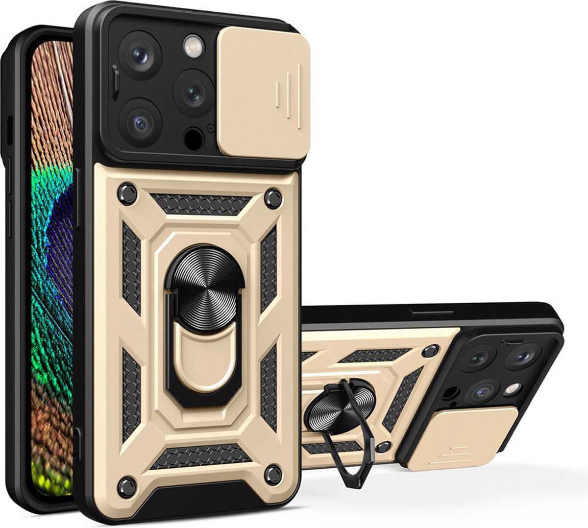 MobyDefend Hoesje - Geschikt voor iPhone 15 Pro Max - Pantsercase Met Draaibare Ring - Goud