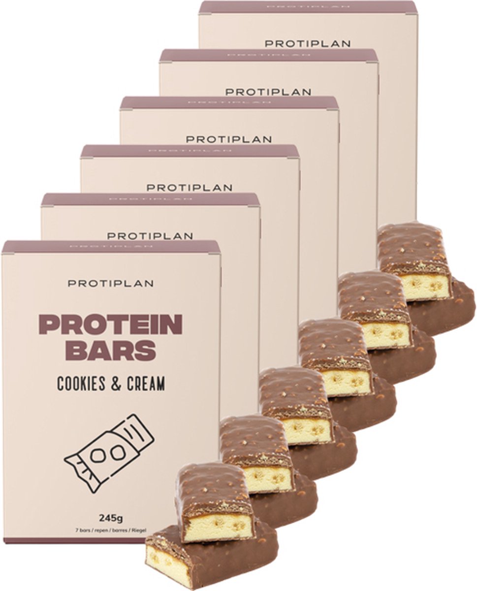 Goedkoopste Protiplan | Reep Cookies & Cream | 6 stuks | 6 x 7 x 35 gram | Eiwitrepen | Koolhydraatarme sportvoeding | Afslanken met Proteïne repen
