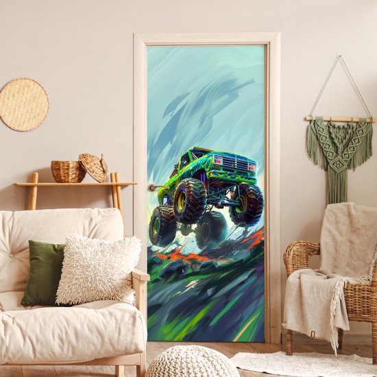 Poster porte 85x205 cm - Sticker porte Monster truck - Voiture - Garçons - Vert - Film meuble autocollant - Film porte chambre ado - Film intérieur chambre enfant - Film adhésif porte - Sticker papier peint porte - Décoration chambre ado