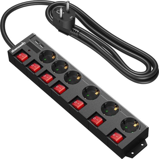 DEWENWILS Stekkerdoos met 6 stopcontacten en 2 USB & 7 afzonderlijke schakelaars, 3680 W Max, wandmontage, kinderbeveiliging, verlengkabel met overspanningsbeveiliging en overspanning met kabel 2 m DEWENWILS Stekkerdoos met 6 stopcontacten en 2 USB & 7 afzonderlijke schakelaars, 3680 W Max, wandmontage, kinderbeveiliging, verlengkabel met overspanningsbeveiliging en overspanning met kabel 2 m