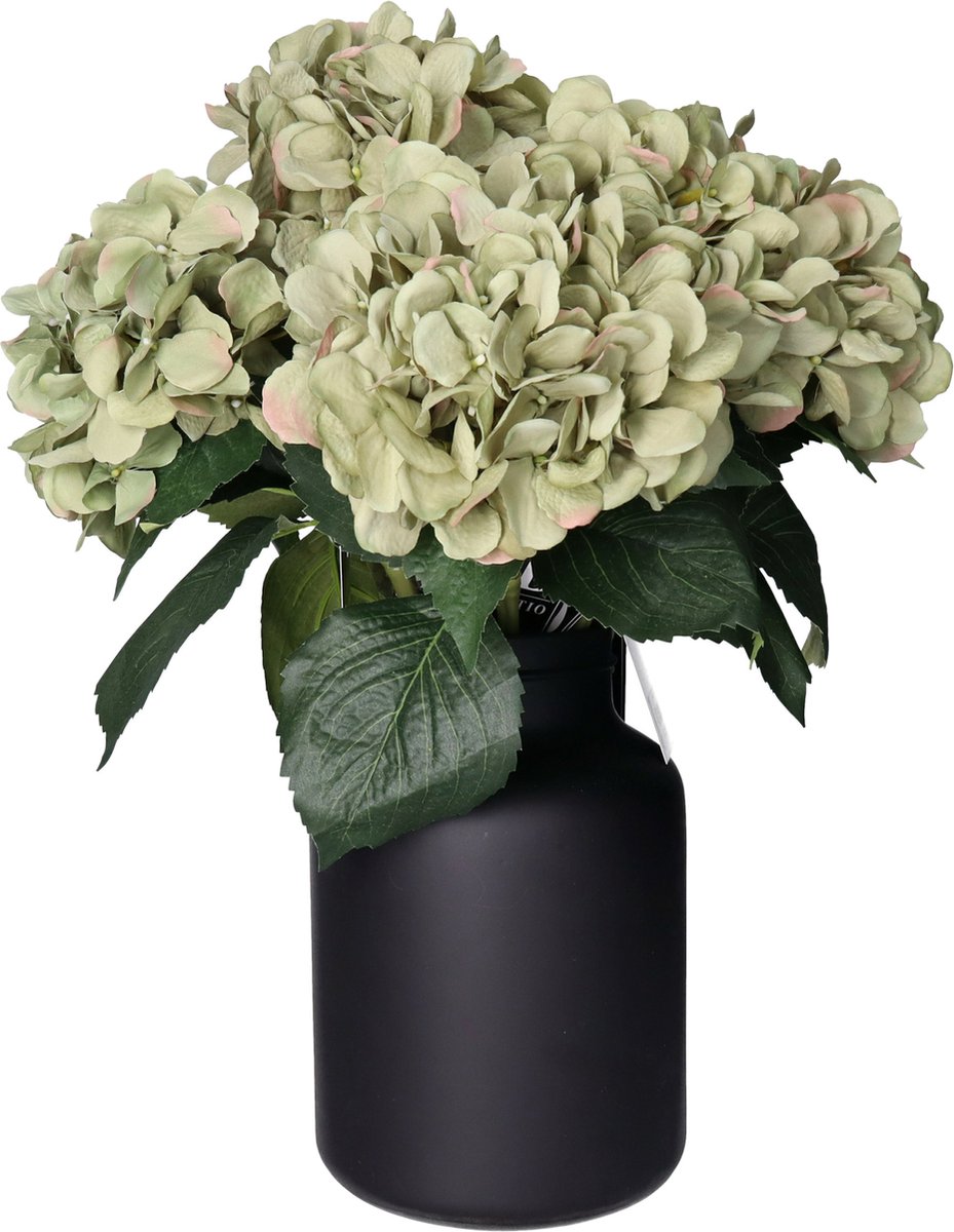Bellatio Design kunst bloemen boeket Hortensia tak - 8x - groen - 48 cm - Kunst zijdebloemen - hydrangea