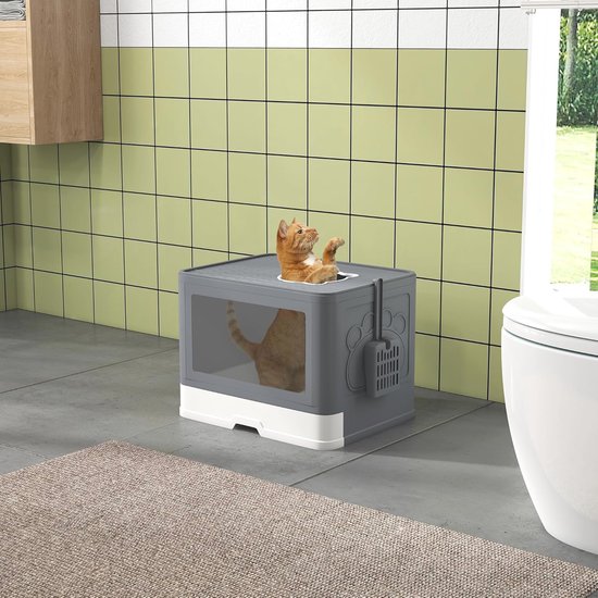PawHut kattenbak met deksel, kattenbak met schep, handvat, vooringang met slot, voor de woonkamer, katten tot 5 kg, ABS, PP, 43 x 54 x 41 cm, wit