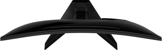 Bovenaanzicht van een zwarte gebogen gaming monitor met een standaard.