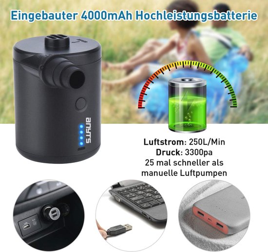Pompe à air électrique rechargeable par USB pour Lits pneumatiques, Bateaux gonflables et jouets de piscine – Gonfleur et dégonfleur 2 en 1 avec 3 buses