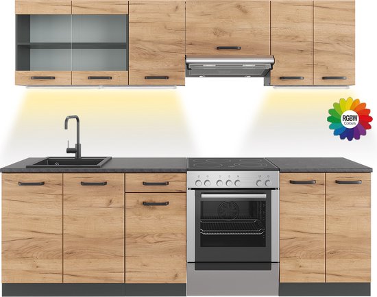 Vicco Elément de cuisine complet Raul, Chêne doré/anthracite/Anthracite, 240 cm, WB motif Zwart avec bande LED