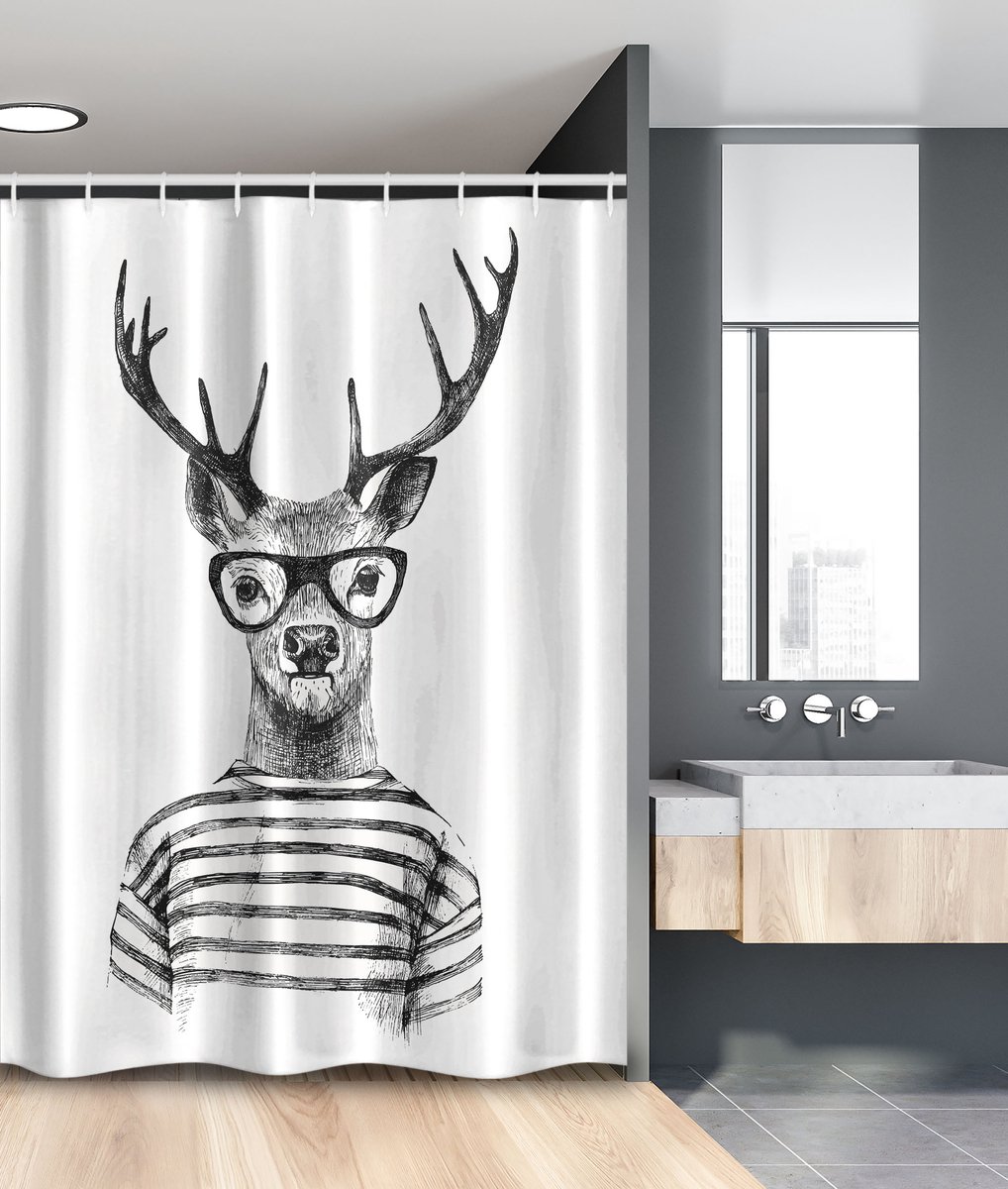 New Bed Schetsachtige Hipster Hert Douchegordijn Anti Schimmel, Shower Curtain, Badkamer Decor Set met Haakjes, 120x200 cm