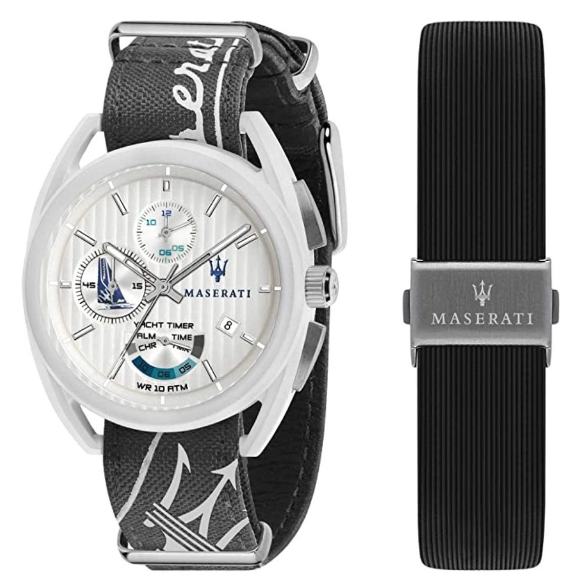 Maserati- Horloge - Zwart-Witte band - Met extra band - Model Yacht Timer