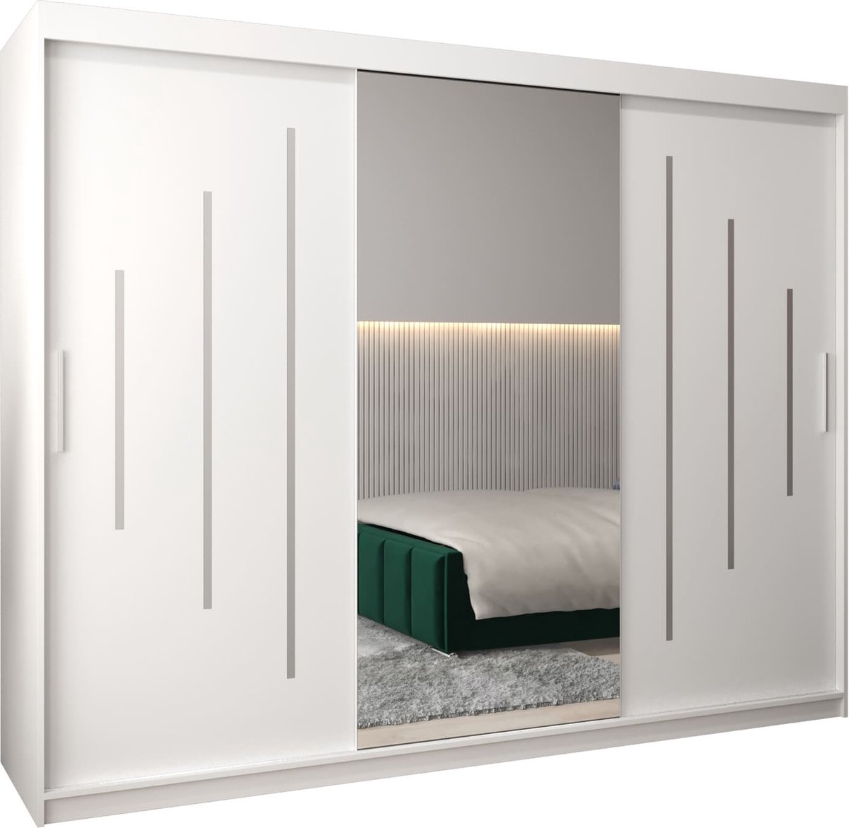 InspireME Kledingkast met 3 schuifdeuren, Modern-stijl, Een kledingkast met planken en een spiegel (BxHxD): 250x200x62 - MALTESE I 250 Wit Mat met 4 lades