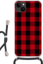 Geschikt voorApple Iphone 14 Plus - Crossbody Case - Plaid - Zwart - Rood - Siliconen - Crossbody - Backcover met Koord - Telefoonhoesje met koord - Hoesje met touw