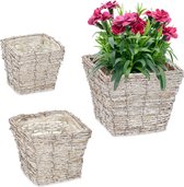 Pot de fleurs Relaxdays - lot de 3 - rotin - bac à fleurs - avec film - carré - blanc/naturel