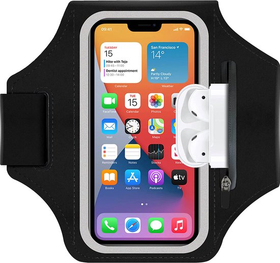 Zwarte sportarmband met een iPhone met startscherm en oortjes in het zijvakje.