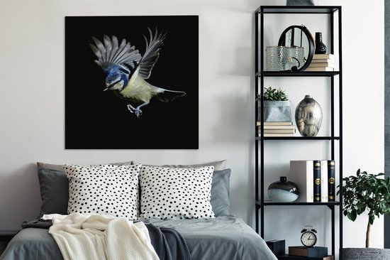 Canvas schilderij 90x90 cm - Wanddecoratie Pimpelmees - Vogel - Zwart - Muurdecoratie woonkamer - Slaapkamer decoratie - Kamer accessoires - Schilderijen op canvas