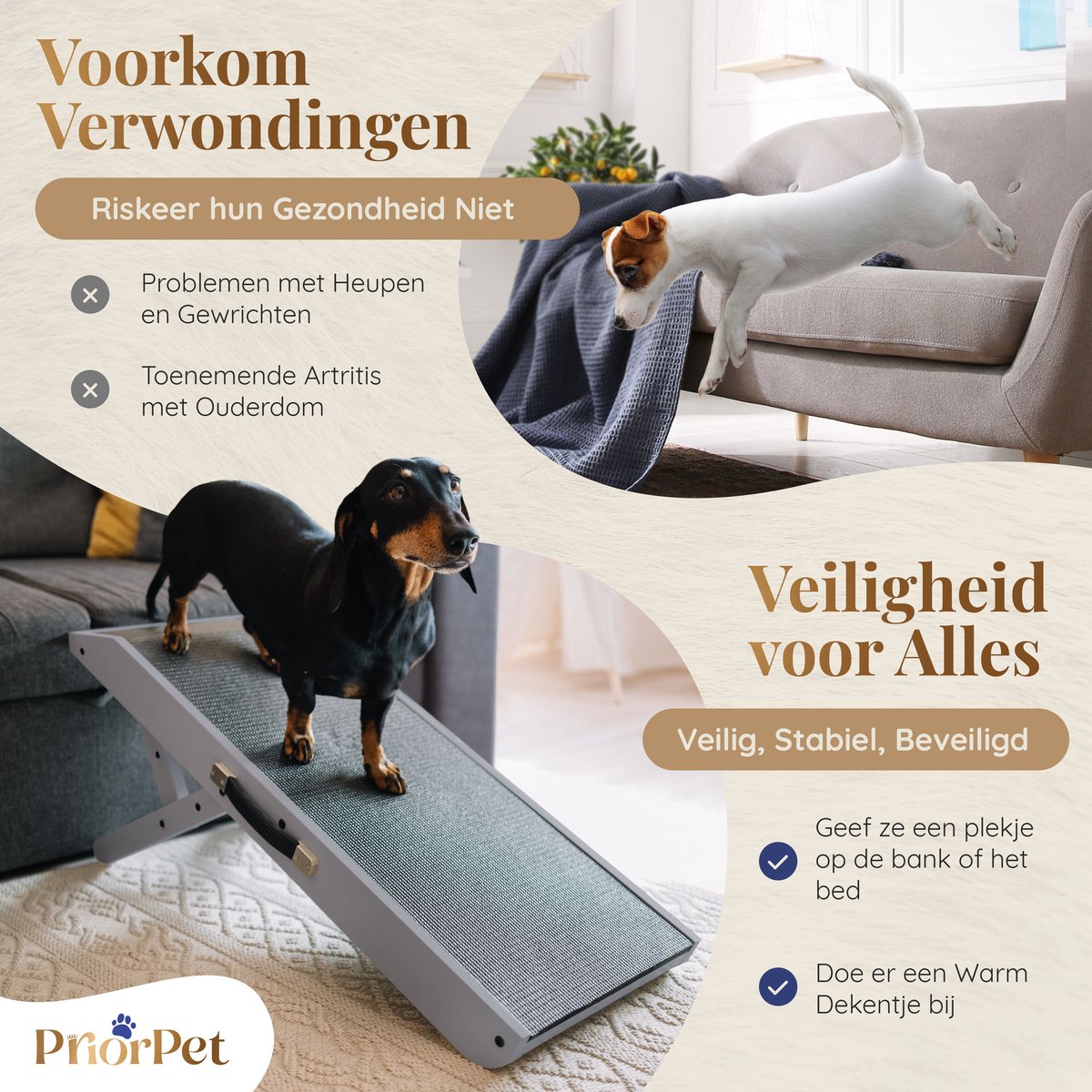 Hondenloopplank- Hondentrap voor grote en kleine honden PriorPet - Instelbaar 18 tot 53 cm - Voor Bed en Bank - Berkenhout - Landingsplatform sluit naadloos aan - Loopplank Hond Opvouwbaar - Hagelwit