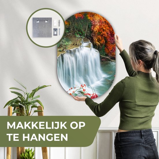 Miroir ovale - Décoration murale en plastique - Tableau ovale - Arbres - Cascade - Automne - Nature - 60x90 cm - Forme miroir ovale sur plastique