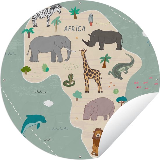 Tuincirkel Afrika - Wereldkaart - Kinderen - Dieren - Jongens - Blauw - Kids - 90x90 cm - Ronde Tuinposter - Buiten