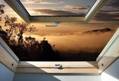 Fotobehang - Vlies Behang - 3D Uitzicht op het Mistige Bos vanuit het Dakraam - 254 x 184 cm