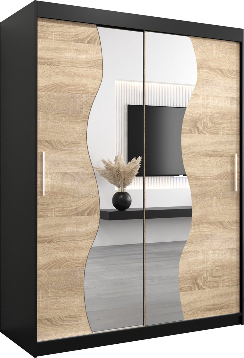 InspireMe - Kledingkast met 2 schuifdeuren, Modern-stijl, Kledingkast met planken (BxHxD): 150x200x62 - MARDUK 150 Zwart Mat + Sonoma Eik met 2 lades