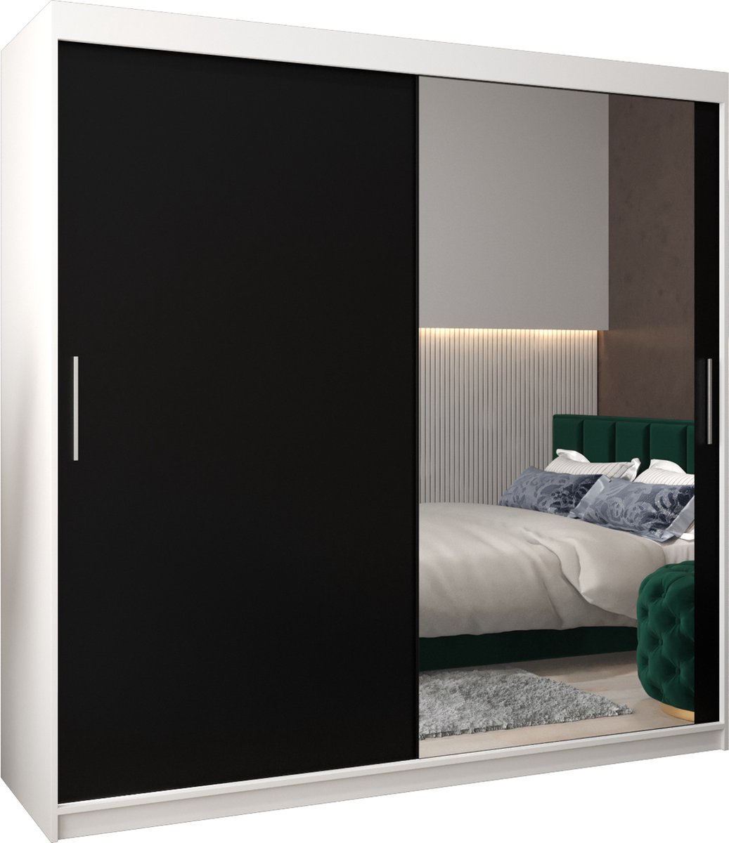 InspireME Kledingkast met 2 schuifdeuren, Modern-stijl, Kledingkast met planken (BxHxD): 200x200x62 - TORM II 200 Wit Mat + Zwart met 4 lades