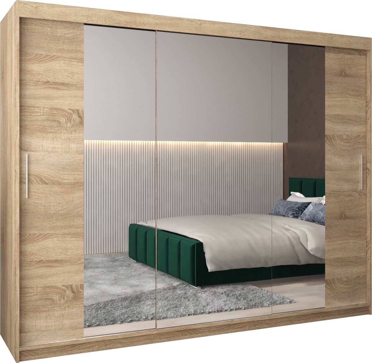 InspireME Kledingkast met 3 schuifdeuren, Modern-stijl, Kledingkast met planken (BxHxD): 250x200x62 - TORM II 250 Sonoma Eik mat 4 lades