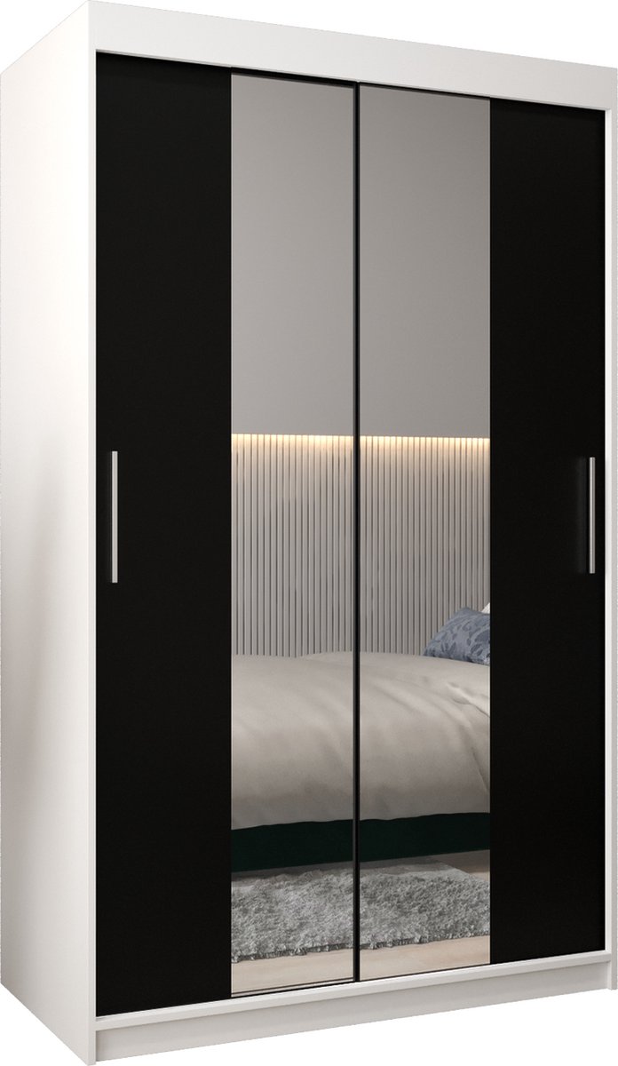 InspireME Kledingkast met 2 schuifdeuren, Modern-stijl, Kledingkast met planken (BxHxD): 120x200x62 - TORM I 120 Wit Mat + Zwart met 2 lades