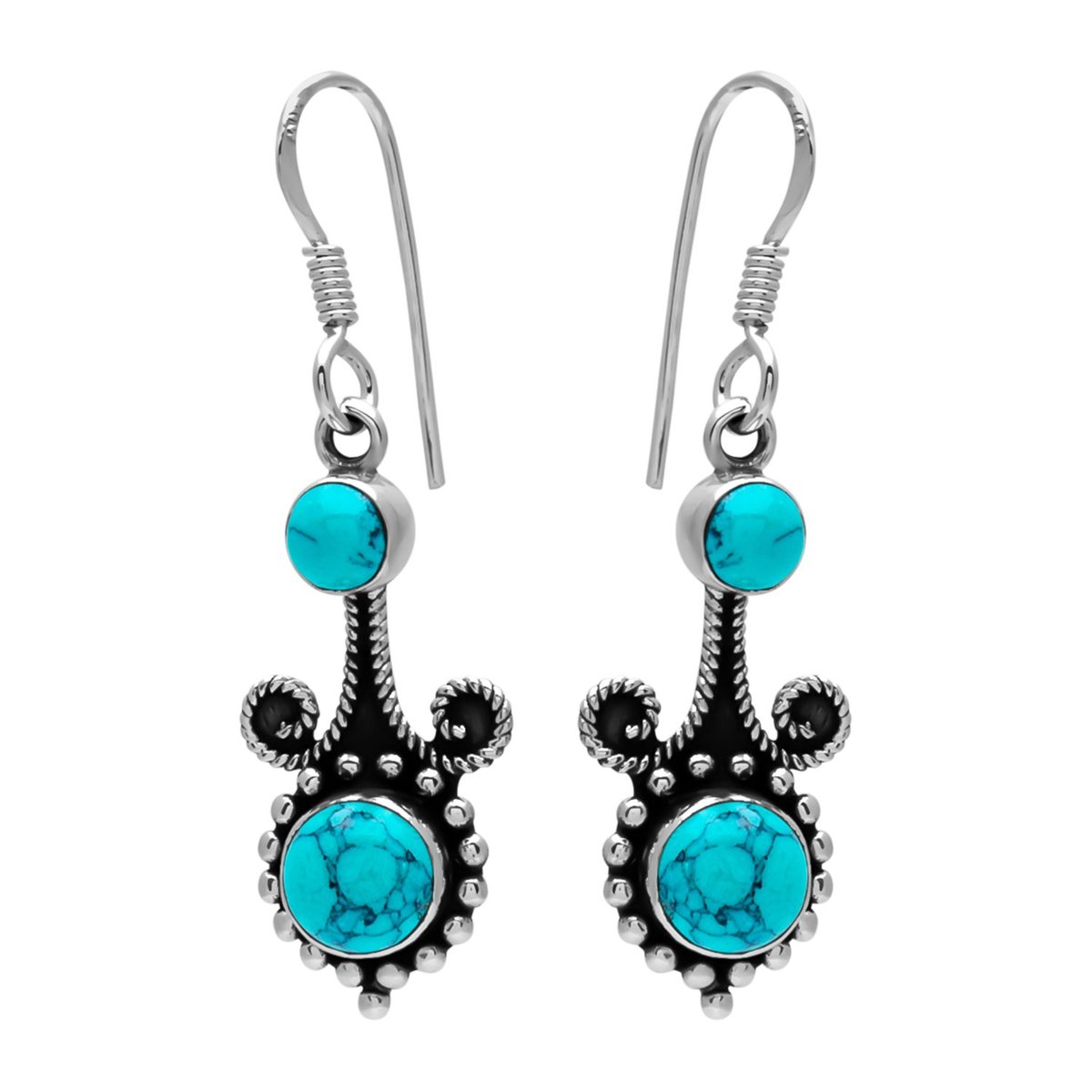 Zilveren oorbellen met hanger dames | Zilveren oorhangers, turquoise steen met sierlijke details en geoxideerde delen