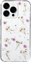 Casies Apple iPhone 14 Pro gedroogde bloemen hoesje - Dried flower case - Soft cover TPU - droogbloemen - transparant