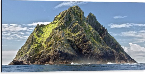 WallClassics - Dibond - Grote Rots in de Zee met Groen - 100x50 cm Foto op Aluminium (Met Ophangsysteem)