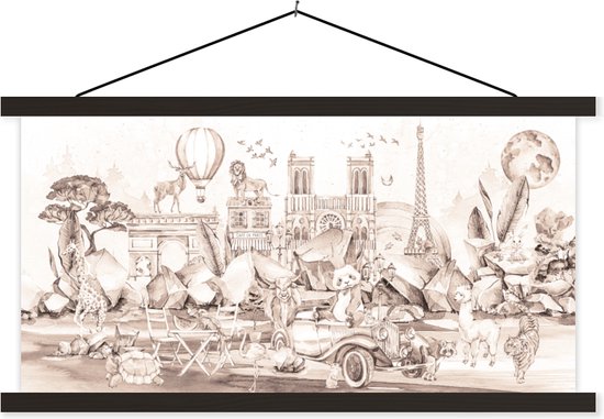Schoolplaat kind – Wanddecoratie kinderkamers – Schilderij voor kinderen – Kinderen – Parijs – Panda – Dieren – Luchtballon – 60×30 cm – Muurdecoratie