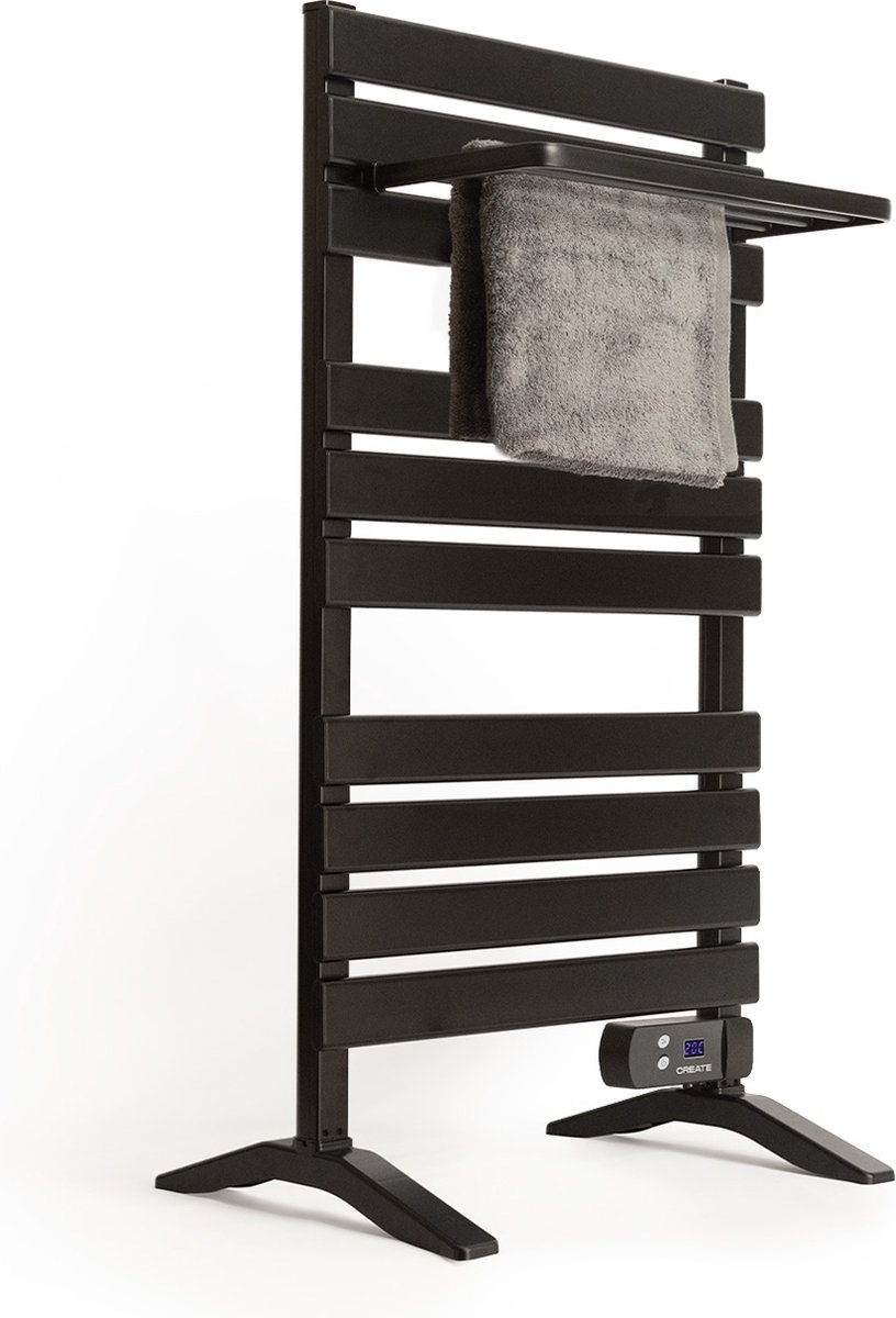 CREATE WARM TOWEL 500W - Elektrische handdoekhouder voor op de vloer of aan de muur met plank - Zwart