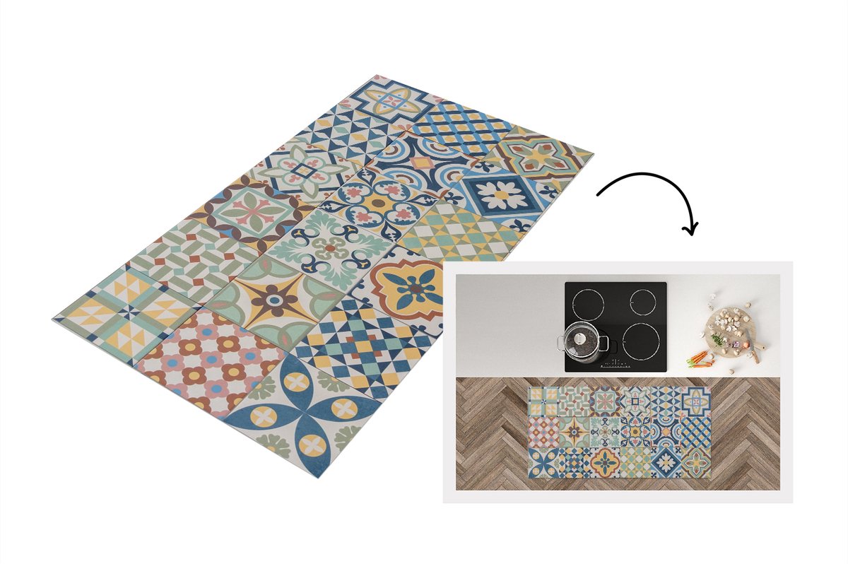 KitchenYeah Keukenloper - Loper keuken - Vintage - Bloemen - Design - Figuren - 120x60 cm - Keukenloper vinyl Multicolor