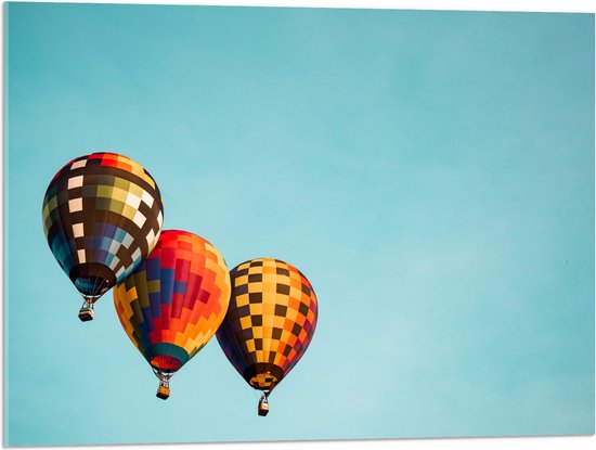 WallClassics - Acrylglas - Drie Kleurrijk Geblokte Luchtballonnen - 80x60 cm Foto op Acrylglas (Wanddecoratie op Acrylaat)