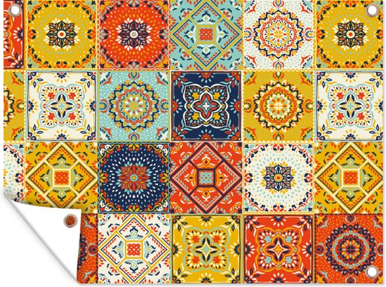 Tableau de jardin Vintage - Fleurs - Motif - Wit - Oranje - 80x60 cm - Affiche de jardin - Toile de jardin - Poster extérieur