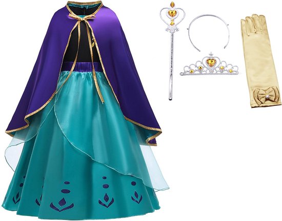 Prinsessenjurk meisje + Prinsessen accessoires - Carnavalskleding meisje - Verkleedjurk - maat 134/140 (140) - Tiara - Kroon - Magische toverstaf - Lange handschoenen - Kleed