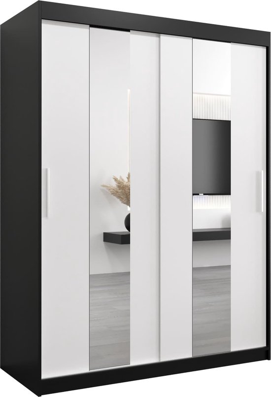 InspireMe - Kledingkast met 2 schuifdeuren, Modern-stijl, Een kledingkast met planken en een spiegel (BxHxD): 150x200x62 - DANCE 150 Zwart Mat + Wit Mat