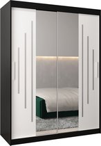 InspireMe - Kledingkast met 2 schuifdeuren, Modern-stijl, Een kledingkast met planken en een spiegel (BxHxD): 150x200x62 - MALTESE I 150 Zwart Mat + Wit Mat